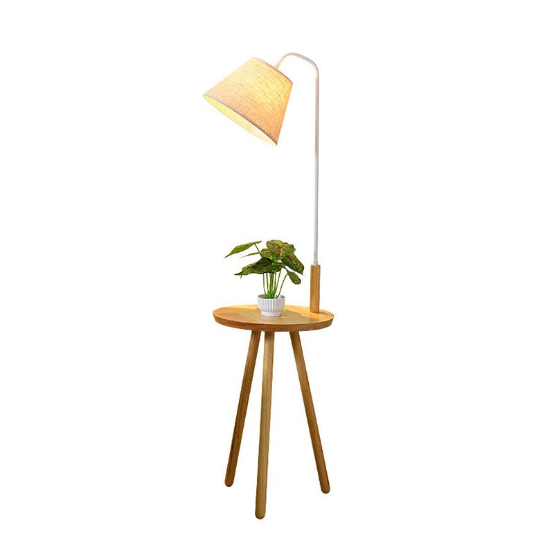 Tapered Living Room Stand Up Lamp Fabric Single-Bulb Nordic Floor Lighting with Wooden Tray in White