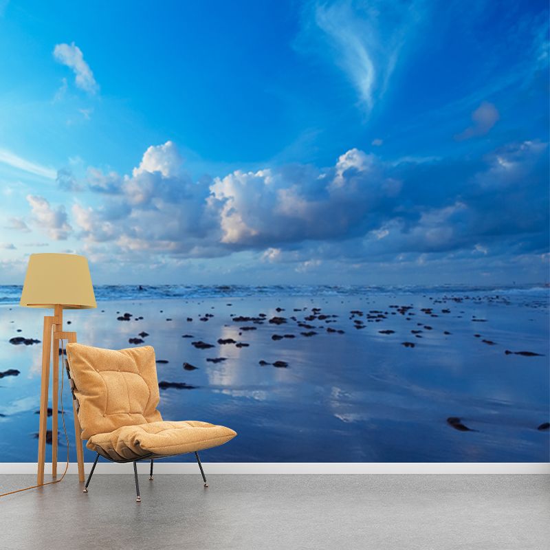 Tranquil Sea Mirror Mural Wallpaper for Living Room, Blue, Custom Size Available