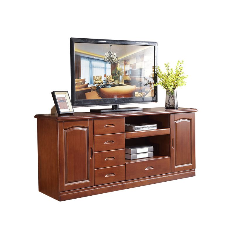 Modern TV Stand Rubber Wood Open Storage TV Console with Drawers and Doors