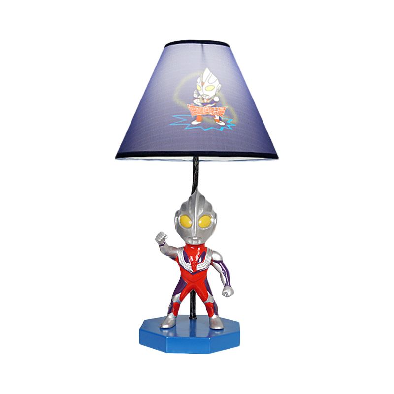 Blue Barrel/Trapezoid Table Lamp Kids 1 Head Fabric Nightstand Lighting with Ultraman Decoration