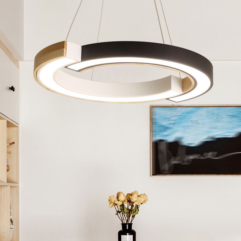 Ring Shape Pendant Lamp LED Simple Hanging Light for Living Room with Rubber Wood