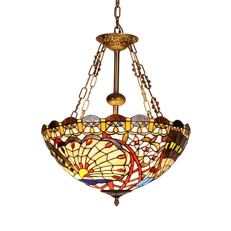 Stained Glass Peacock Pendant Light Foyer Tiffany Vintage Chandelier Light in Brass Finish