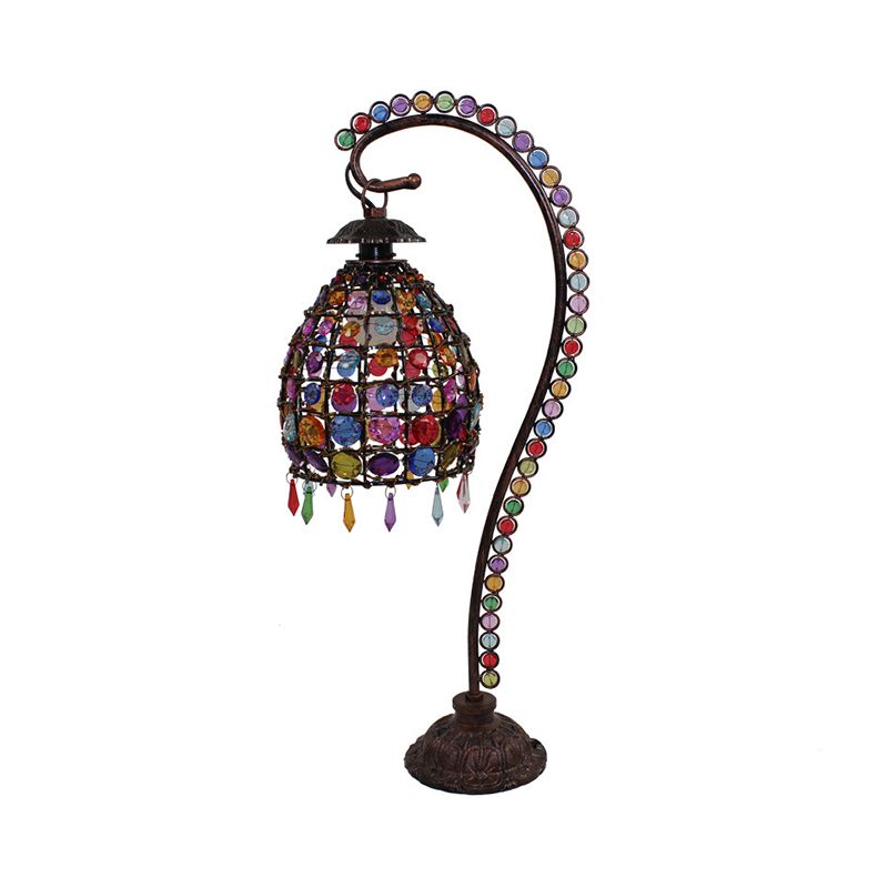 Beaded Bell Living Room Table Lamp Bohemian Style Stained Glass Single Copper Gooseneck Night Light