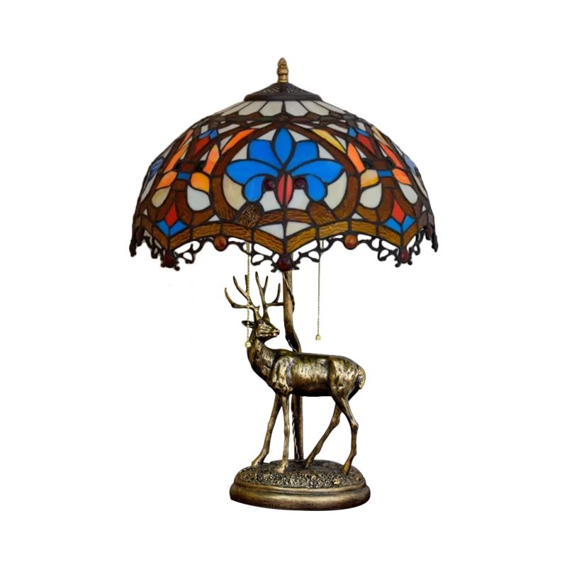 Wave-Edge Crisscross Shade Table Light 2-Head Yellow-White/Blue-Brown Tiffany Pull-Chain Night Lamp with Deer Base