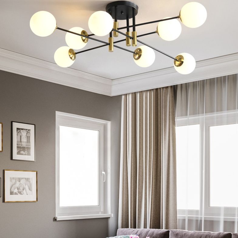 Opal Glass Shade Semi Flush Mount in industriale Luce a soffitto radiale in metallo in metallo in nero e oro