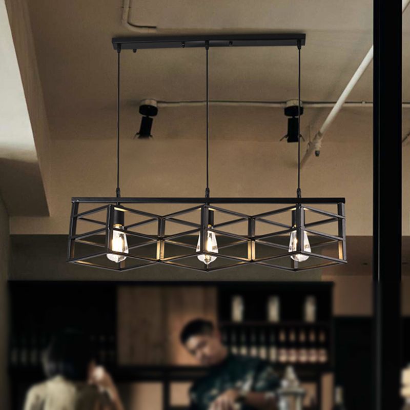 Black Linear Cage Suspension Light Vintage Industrial Metal 3 Bulbs Hallway Pendant Lamp