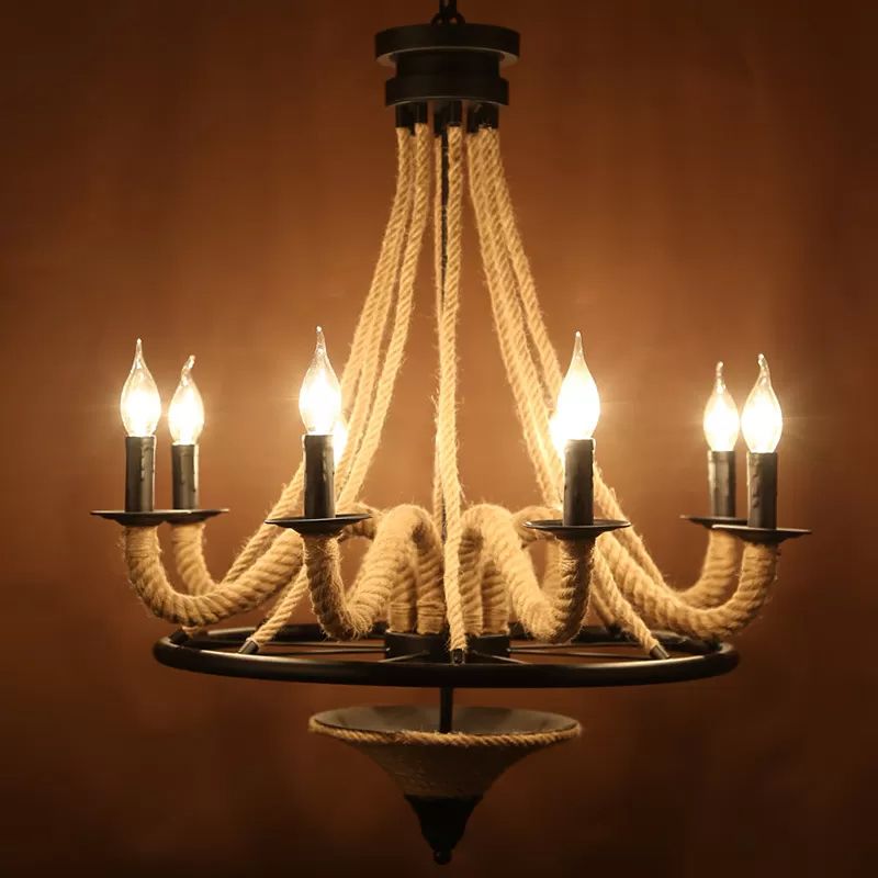 8-Light Candelabra Chandelier Cottage Brown Jute Rope Wrapped Hanging Light Fixture