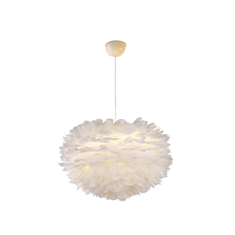 White Globe Shaped Hanging Chandelier Nordic Style Feather Suspended Lighting Fixture