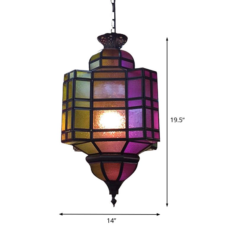 Lantern Restaurant Ceiling Light Antiqued Metal 1 Head Purple Suspension Hanging Lamp