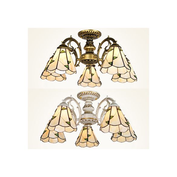 Lumière semi-affleurante conique vintage Vétonnage tachée 3/5 têtes Fleur de plafond Light en laiton blanc / antique pour le foyer