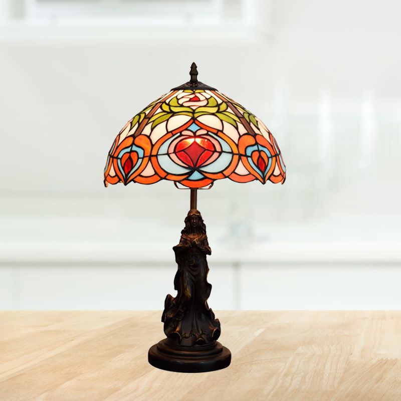 Carved Angel Resin Night Lamp Victorian 1-Light Bronze Table Lighting with Peach Patterned Art Glass Shade