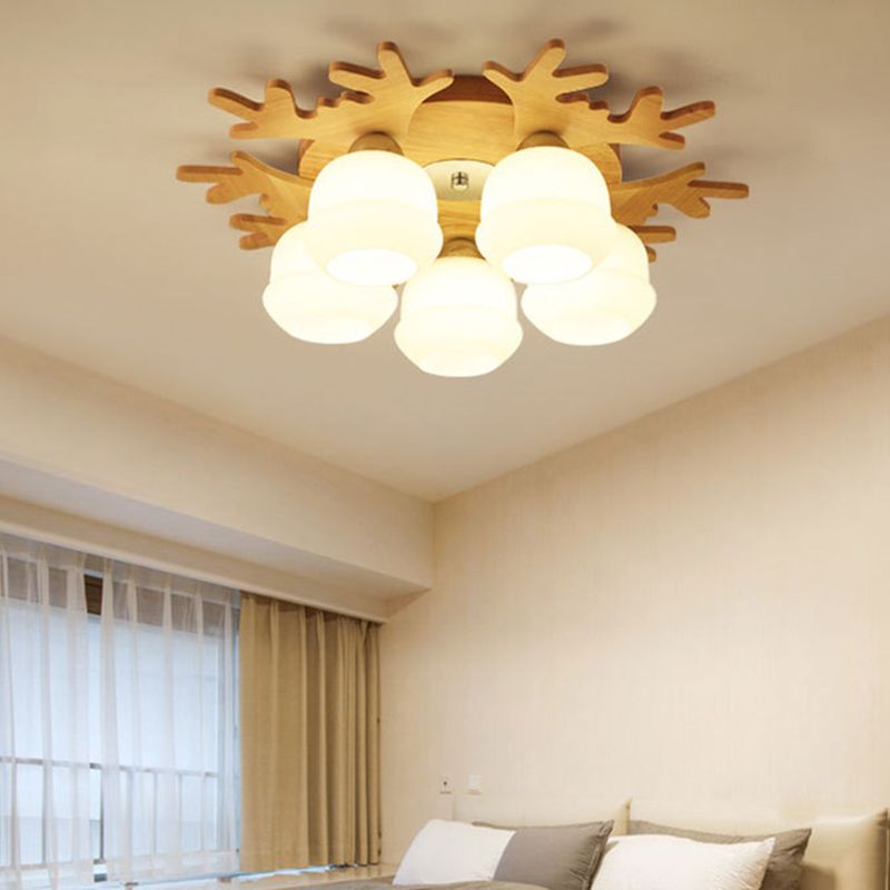 Modern Style Ball Shape Flush Mount Wood Ceiling Light for Bedroom