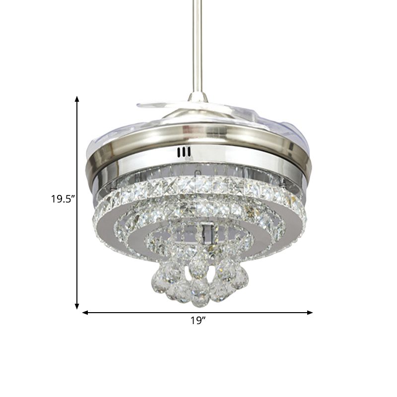 Minimalist LED Pendant Fan Light Chrome Circle 4 Blades Semi Flush Mount with Beveled Crystal Shade, 19" W