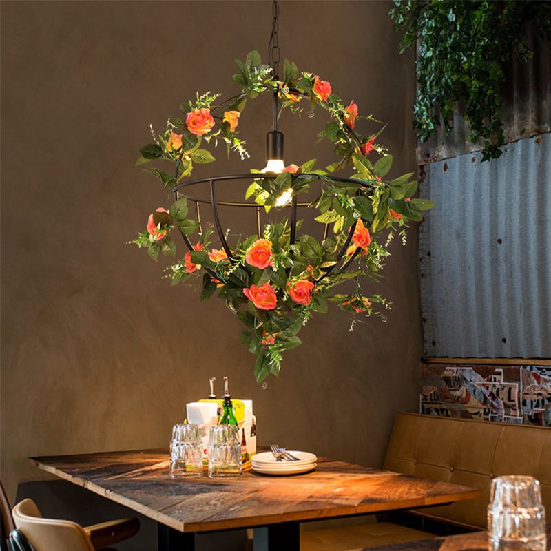 1 Bulb Metal Pendant Light Fixture Industrial Green Globe Restaurant LED Hanging Lamp Kit with Flower Decor