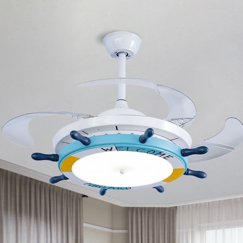 24.5" Wide Wood Rudder Semi Flush Lamp Cartoon Blue/Light Blue LED Pendant Fan Lighting with 3 Clear Blades