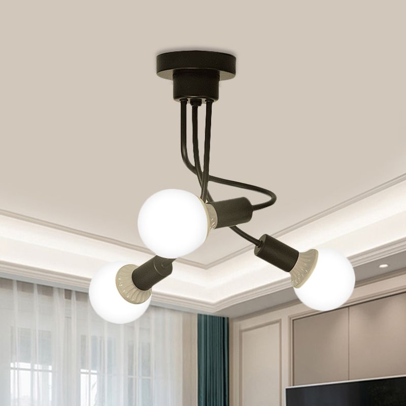 Black Curved Metal Arms Semi Ceiling Light Fixture Simple 3/5 Lights Black Ceiling Mount Chandelier for Dining Room