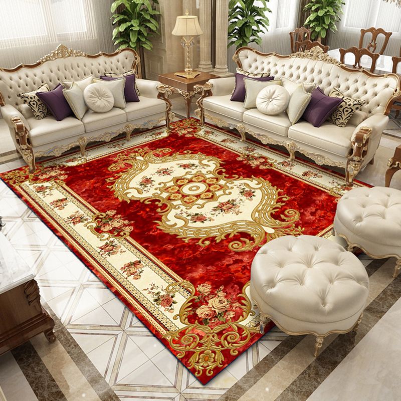 Apricot Tone Classic Indoor Rug Polyester Flower Print Carpet Easy Care Rug for Home Decoration