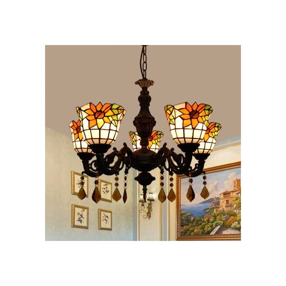 Bell Chandelier Tiffany Tache-vitrail 5 lumières Lumière de suspension décorative avec motif de tournesol