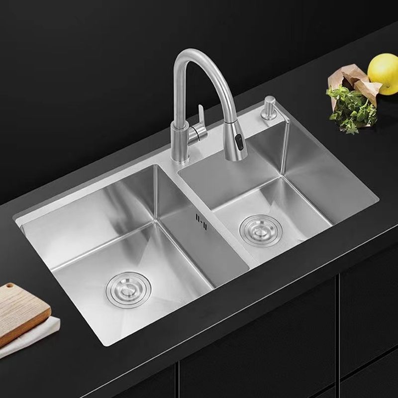 Contemporary Style Kitchen Sink Stainless Steel 2 Holes Drop-In Kitchen Double Sink