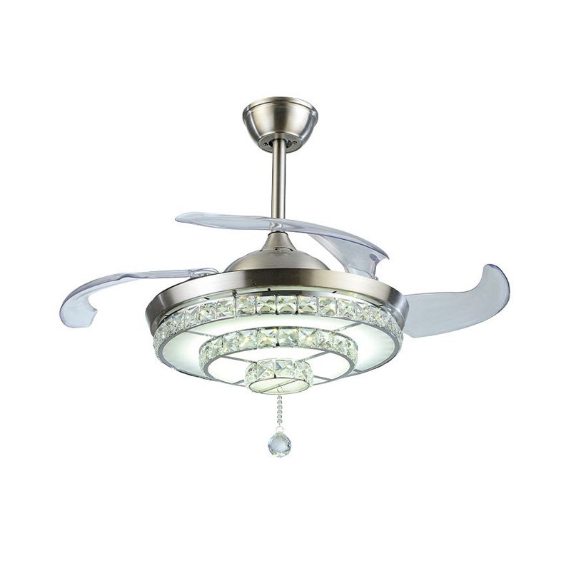 LED-gelaagde ronde plafondventilator licht Hedendaagse nikkelkristallen 4-blade semi-flush mount, 19 "breed