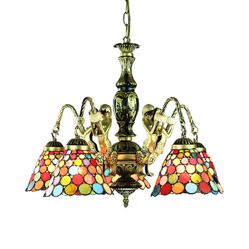 5 Lights Ceiling Light Tiffany Style Bell Shade Stained Glass Hanging Chandelier in Antique Bronze for Bedroom