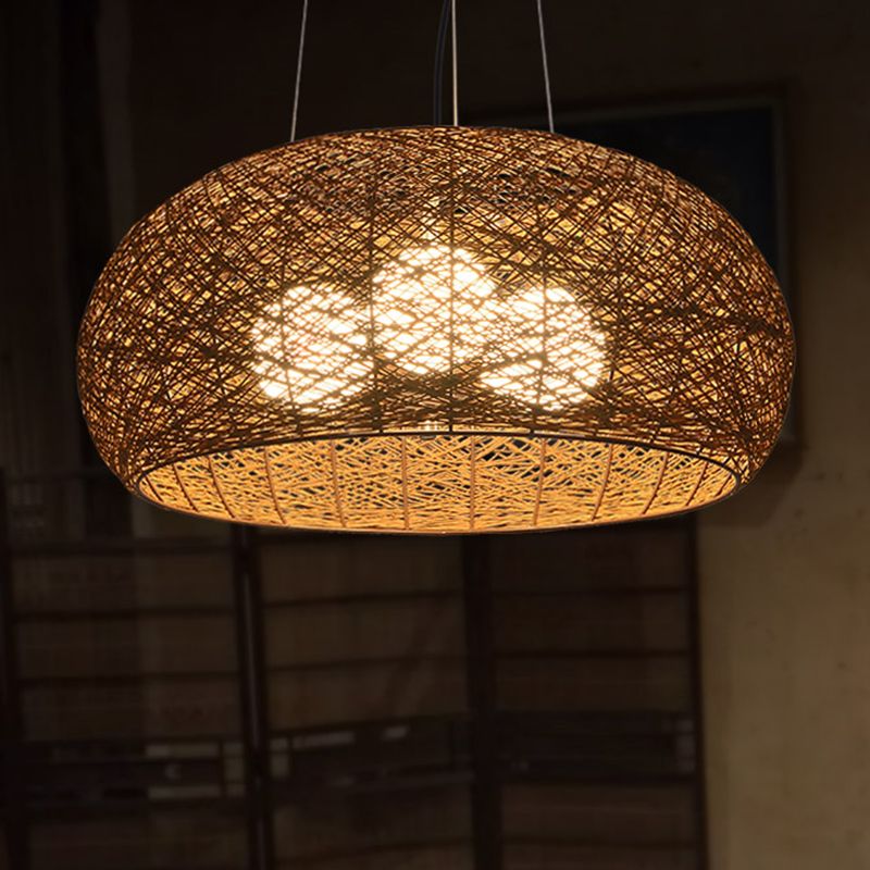 3-lights Rattan Pendant Lights Restaurant Hand Weaving Suspended Lamp in Beige with 47" Hanging Cord