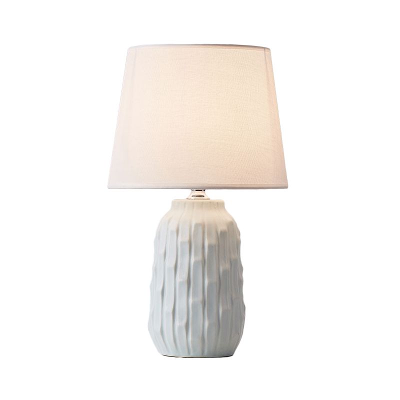 Modernist Conical Table Light Fabric 1 Head Bedroom Desk Lamp with Cylinder Ceramic Base in White/Pink/Blue