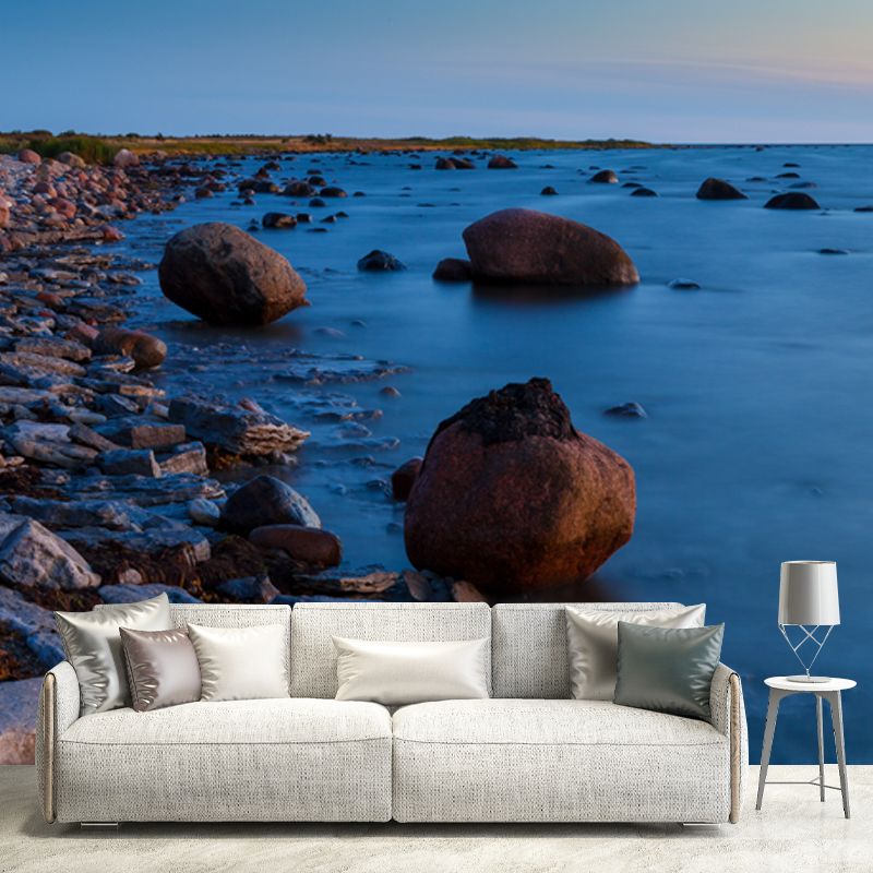 Sea with Rock Coast Mural Wallpaper in Blue Modern Wall Covering for Accent Wall