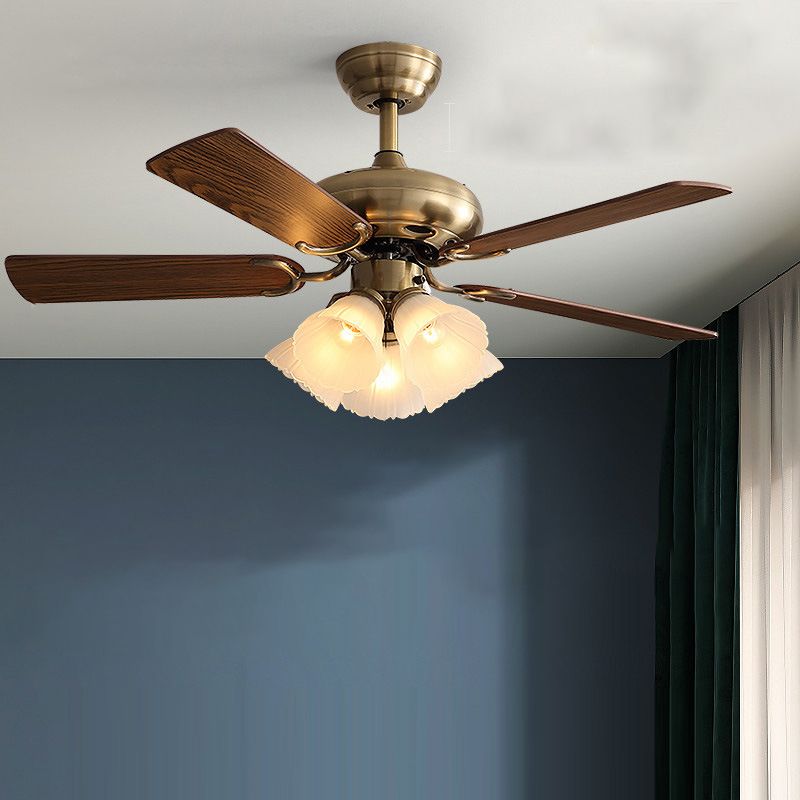 Nordic Style Ceiling Fan Lamp Brown Ceiling Fan Light with Glass Shade for Bedroom