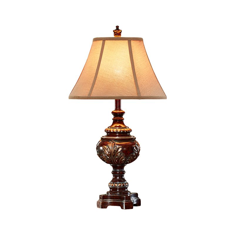 1 Head Bell Shade Nightstand Lamp Traditional Style Brown Fabric Desk Light for Bedside