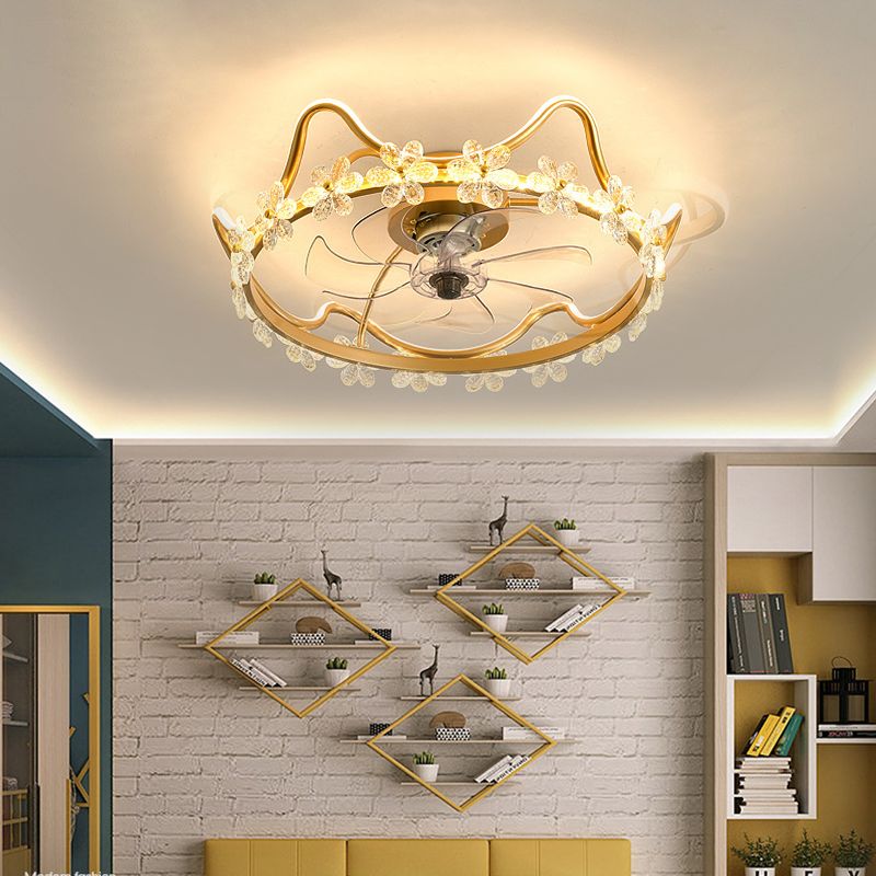 Crystal Crown LED Fan Light Children Style Semi Flush Mount Light Fixture for Bedroom