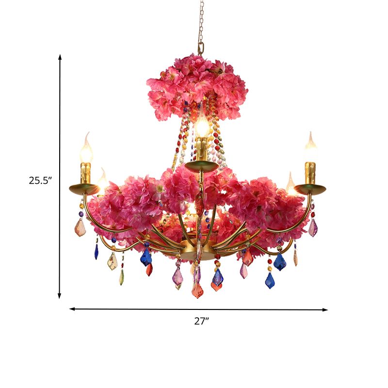 Metal Pink Flower Chandelier Lamp Candelabra 6 Bulbs Antique LED Hanging Ceiling Light with Dangling Crystal