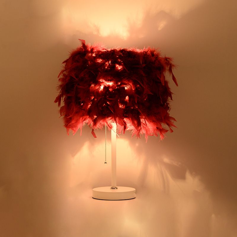 White/Red/Pink Cylindrical Table Lamp Romantic Modern 1 Bulb Feather Pull-Chain Nightstand Light