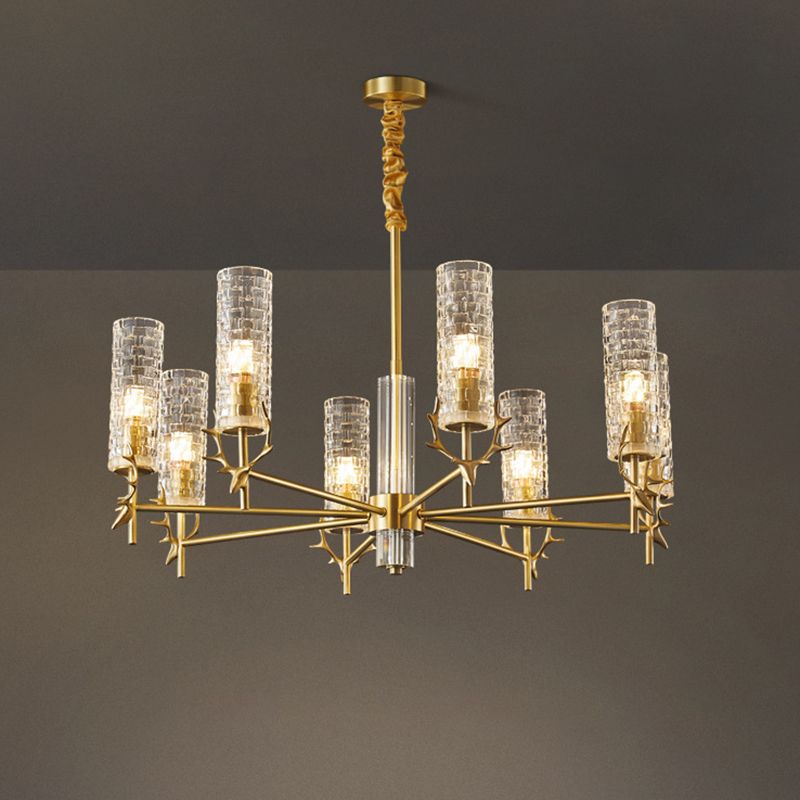 Luz de colgante radial de oro a mediados del siglo de mediados de siglo Cilíndrica de vidrio transparente Luz para sala de estar