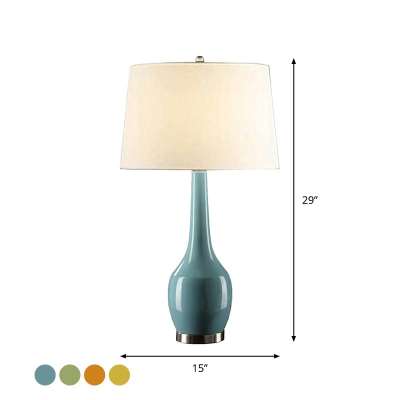 Tapered Drum Fabric Table Light Modern 1-Light Yellow/Blue/Orange Nightstand Lamp with Long Neck Vase Base