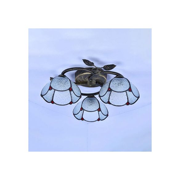 Industrial Vintage Bowl Ceiling Light Stained Glass 3 Lights Flushmount Ceiling Light in Blue/Clear for Bedroom