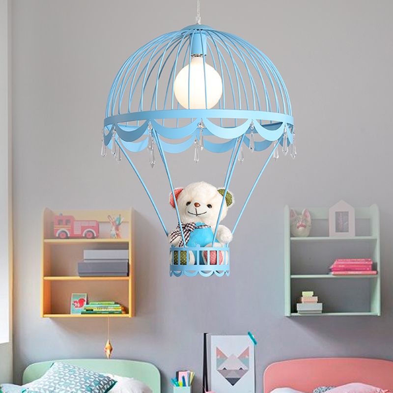 Hot Air Balloon Bedside Ceiling Light Metal Single Cartoon Hanging Lamp with Bear and Crystal Accent