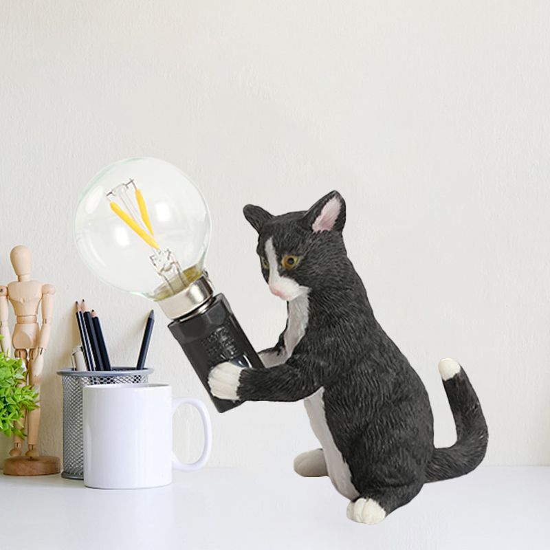 Tabby Cat Holder Table Lamp Kids Iron 1 Bulb Black/Yellow/Blue Nightstand Light with Bare Bulb Design