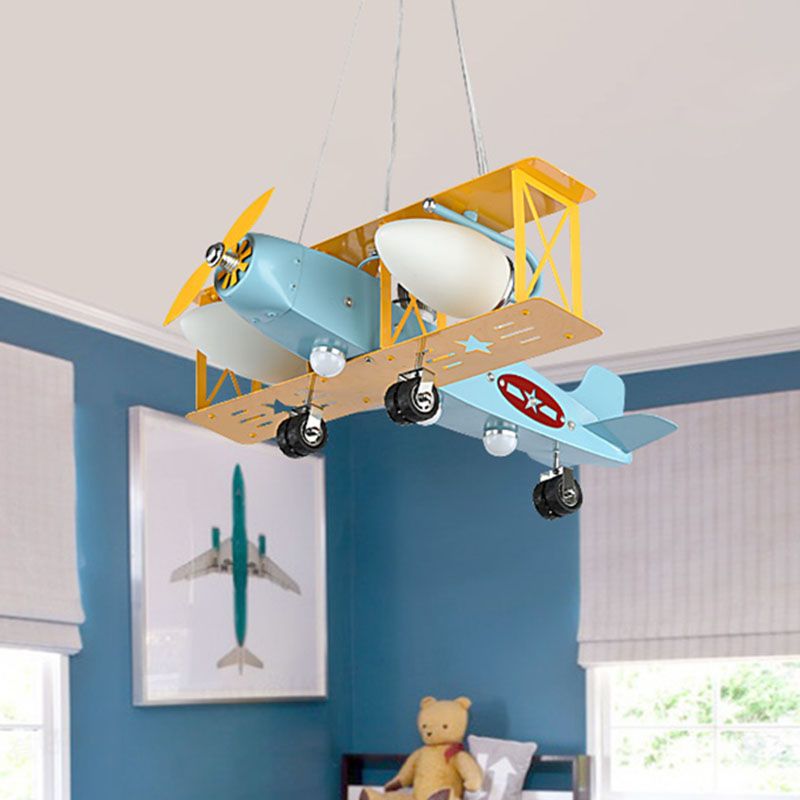 Airplane Metal Chandelier Light Kids 4 Heads Blue Ceiling Lamp with Bullet Milk Glass Shade