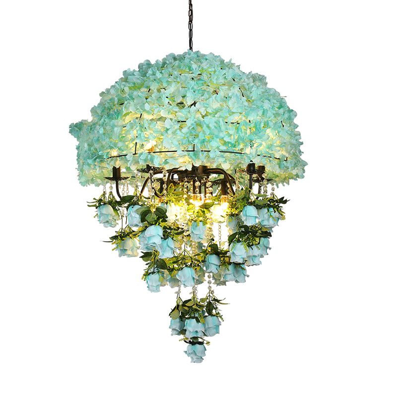 10 Bulbs Iron Ceiling Chandelier Industrial Blue Bowl Wire Cage Flower Suspension Light with Crystal Decor