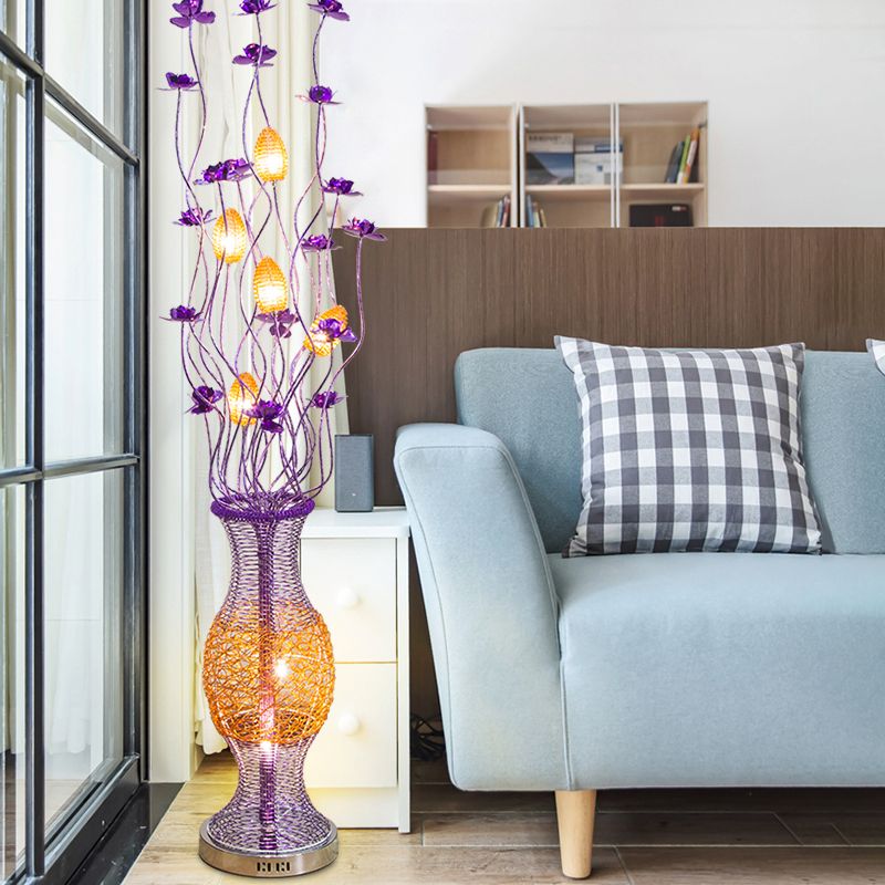 Decorative Vine Shape Standing Lamp LED Aluminum Bloom Floor Reading Light with Vase Pedestal in Purple