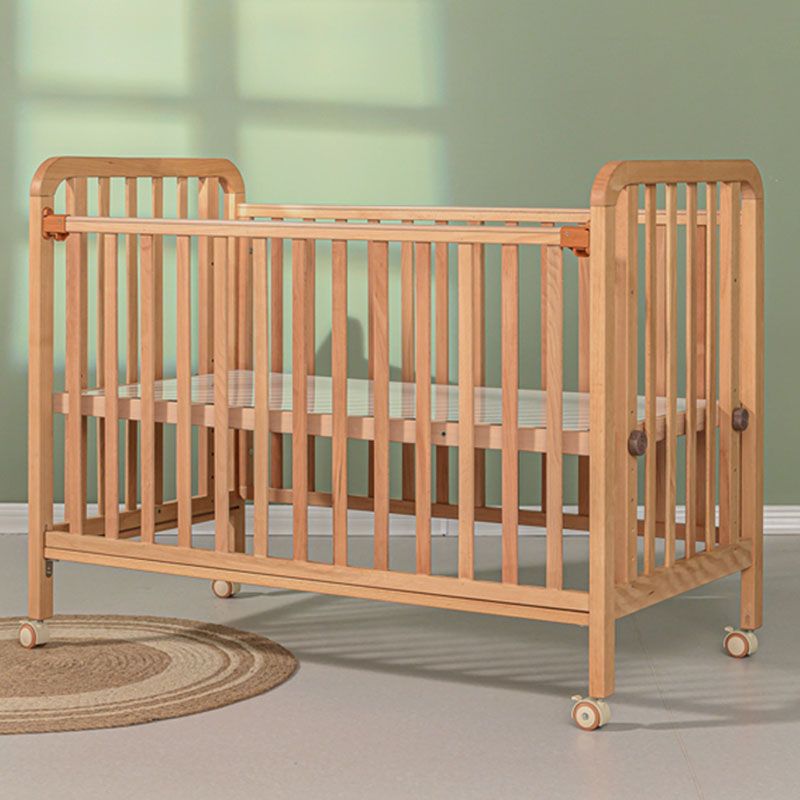 Light Wood Baby Crib Toddler Guard Rails Included Nursery Bed with Casters