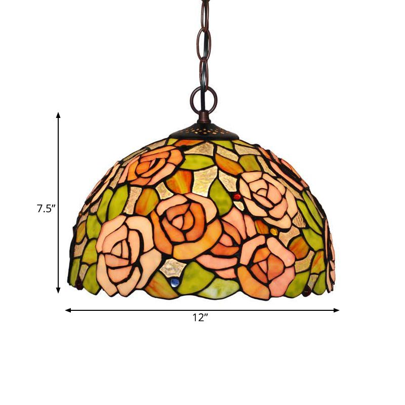 1/2 Lights Rose Hanging Chandelier Tiffany Style Red/Green Stained Glass Pendant Lamp, 12"/16" Wide