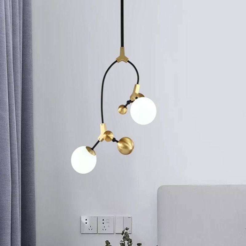 Modern Ball Hanging Lamp Iron 2/5/7-Head Bedroom Chandelier Pendant Light in Brass with White Glass Shade