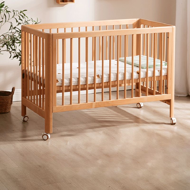 Beech Convertible Baby Crib Wood Nursery Crib with Guardrail and Wheels