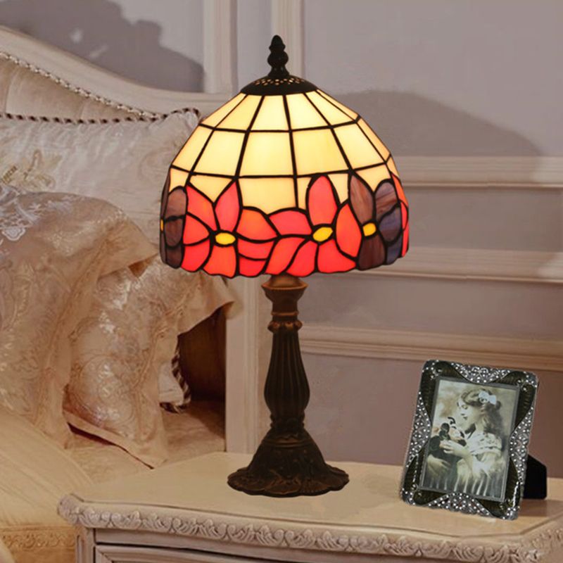 Cut Glass Red/Yellow Night Table Lighting 1 Head Mediterranean Nightstand Lamp with Floral Pattern