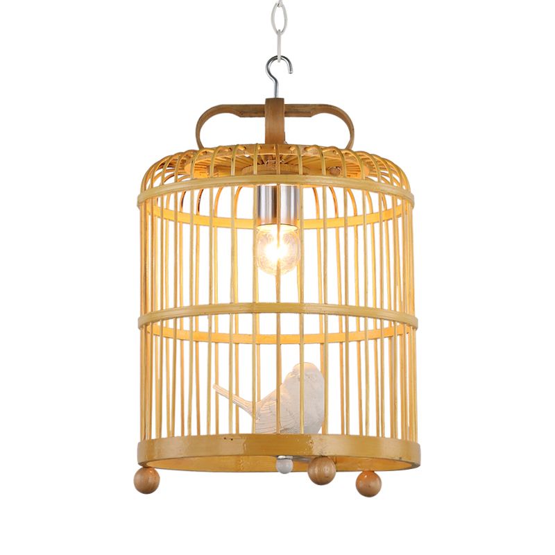 Bamboo Birdcage Shade Pendant Light with Bird Accent Chinese Style 1 Head Beige Hanging Lamp, 8"/10" Width