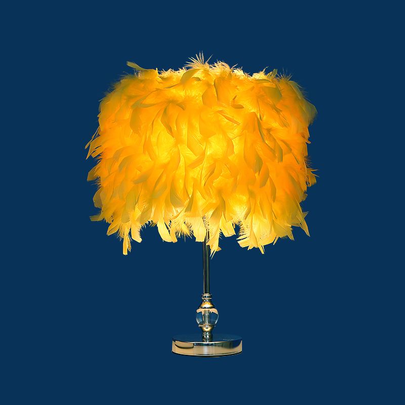 Simplicity Drum Night Lamp Feather 1-Light Bedroom Table Lighting in Pink/Red/Yellow with Crystal Decor