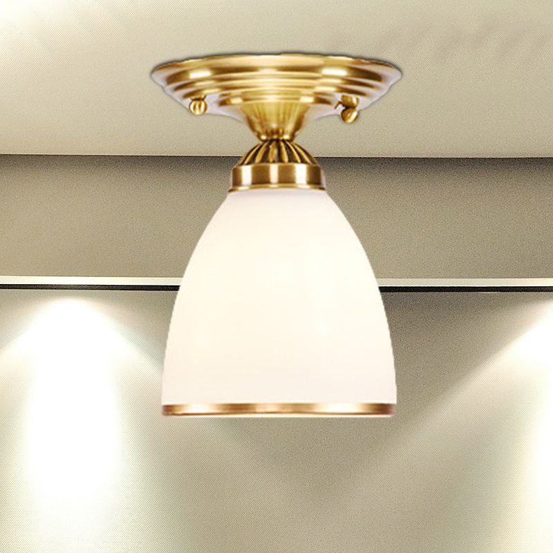 Globe / Cone White Glass Flush Mount Lamp Classic 1 Light Corridor Ceiling Lighting in Brass