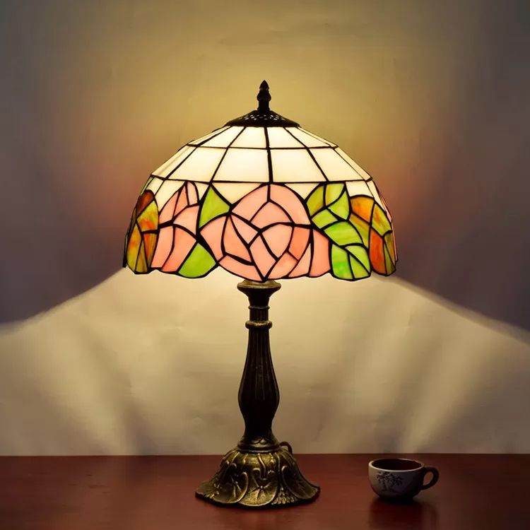 12"/16" Inch Pink Rose Tiffany Table Light Stained Glass 1 Light Standing Table Light in Bronze/Black